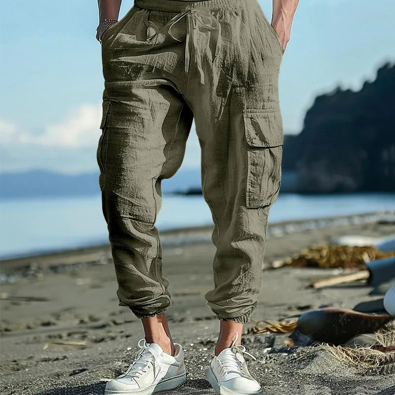 Men's linen casual trousers with ankle ties and drawstring waist in army green colour