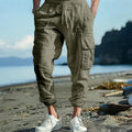 Men's linen casual trousers with ankle ties and drawstring waist in army green colour