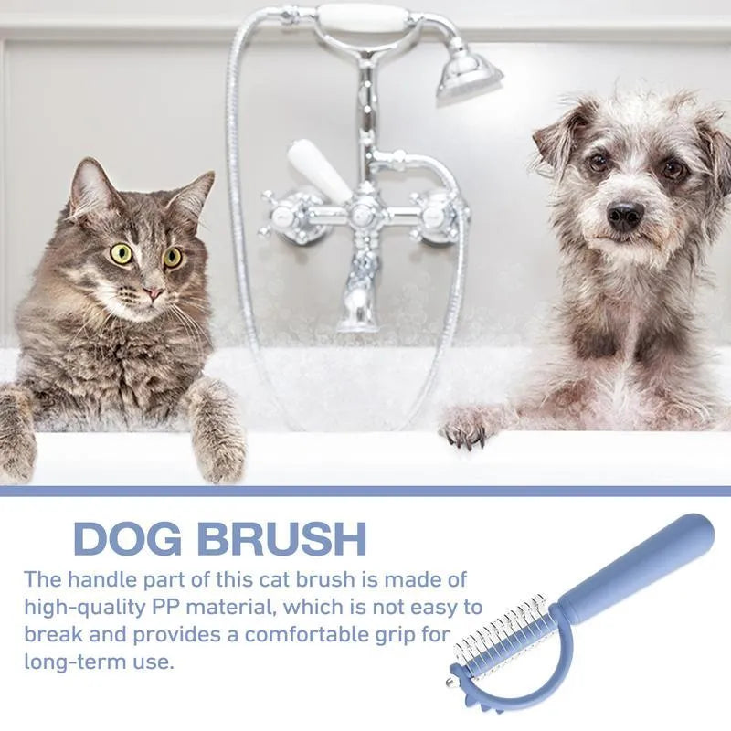 Blue dinosaur-shaped pet brush with a self-cleaning button and double-sided stainless steel bristles.