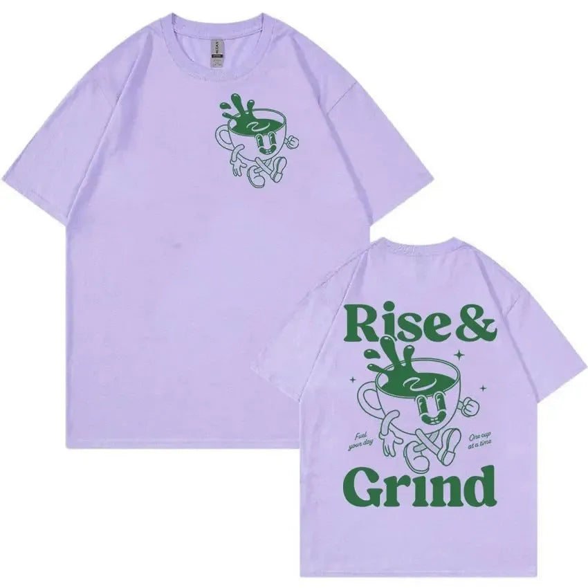 Loose fit men's linen T-shirt with a cartoon graphic of a green coffee bag and 'Rise And Grind' text.