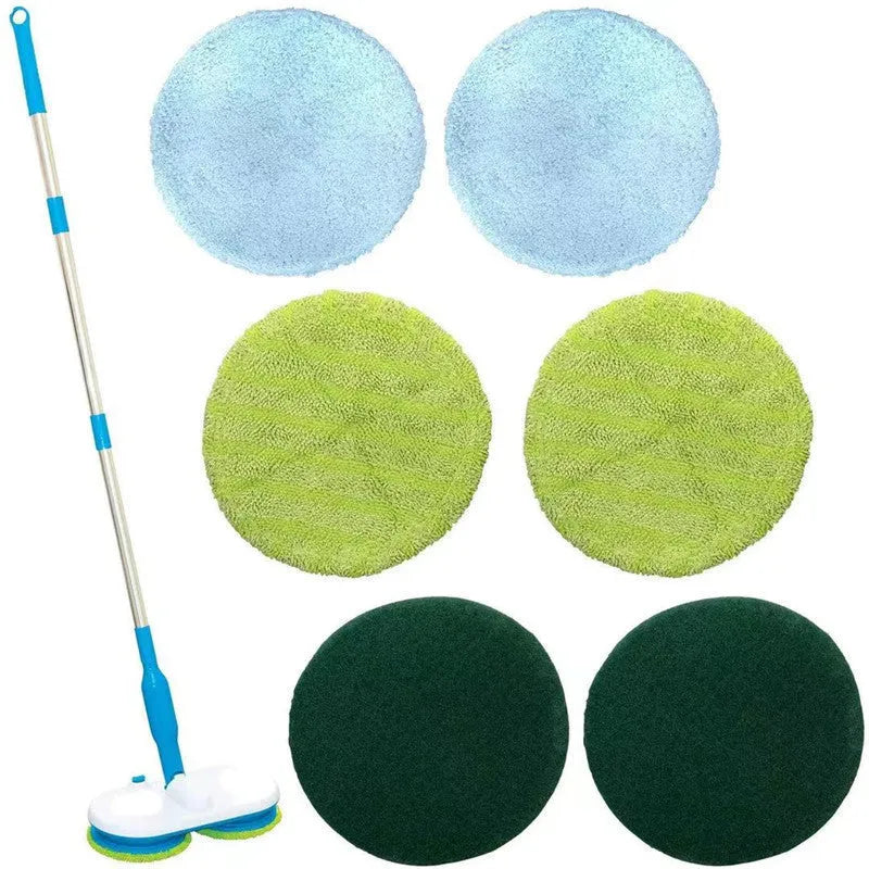 Wireless handheld electric floor mop with USB charging port and set of microfiber, polishing, and scrubbing pads.