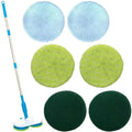 Wireless handheld electric floor mop with USB charging port and set of microfiber, polishing, and scrubbing pads.