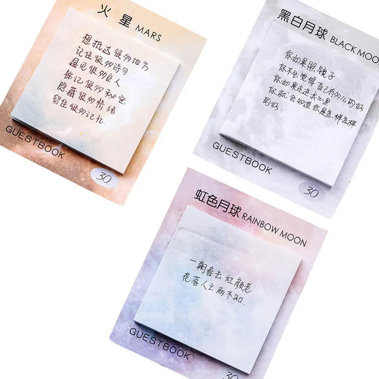 Square planet oil painting design sticky note notepad, 7.3cm, showing cover colour options.