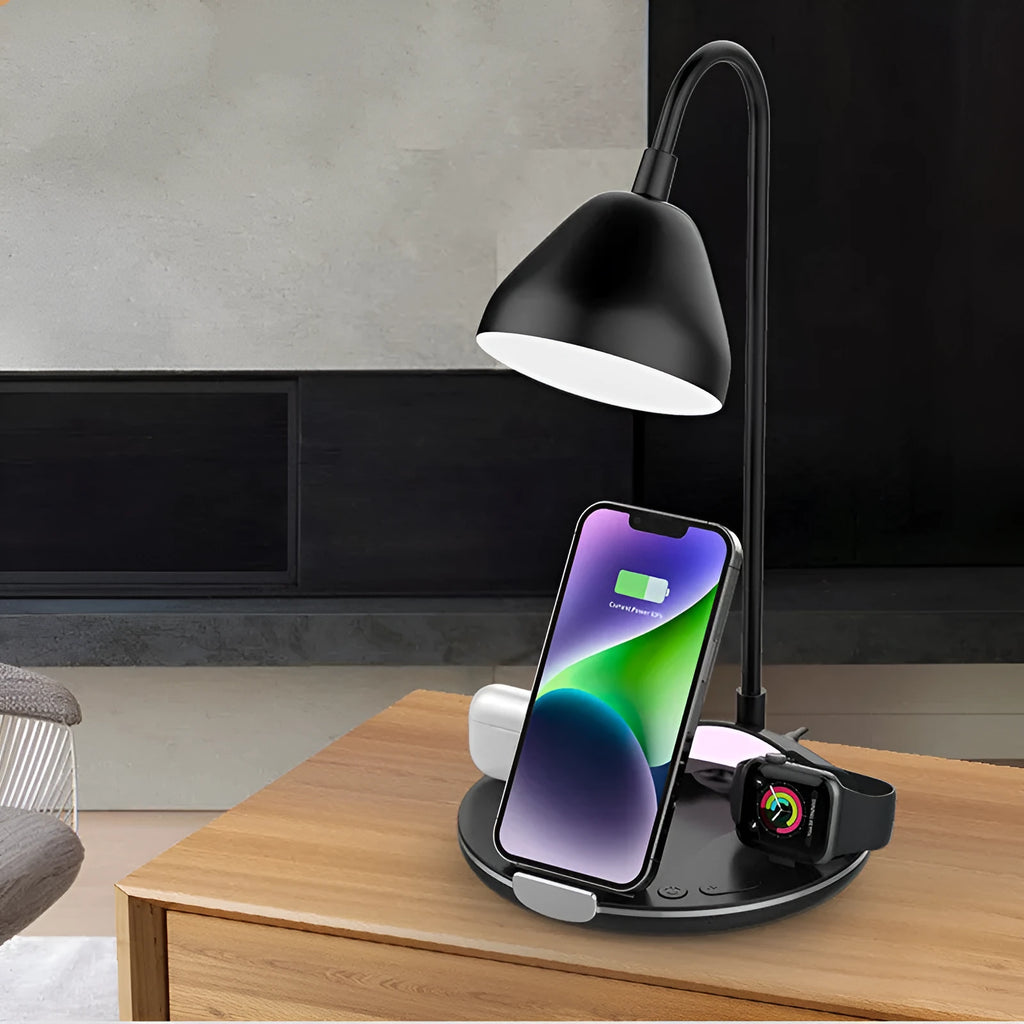 Black magnetic folding wireless charger showing adjustable stand position with USB cable