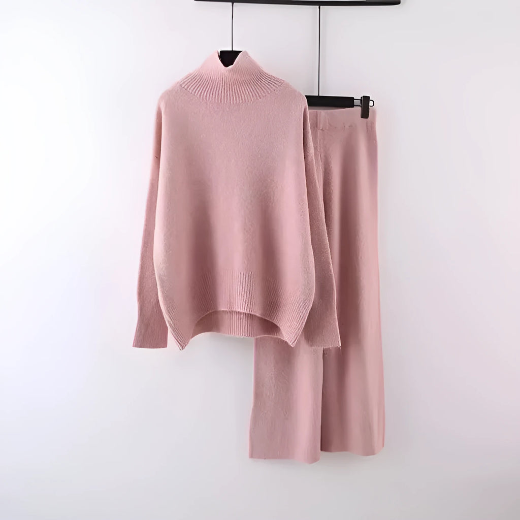 Women's beige casual sweater and wide-leg pants two-piece set on a hanger.