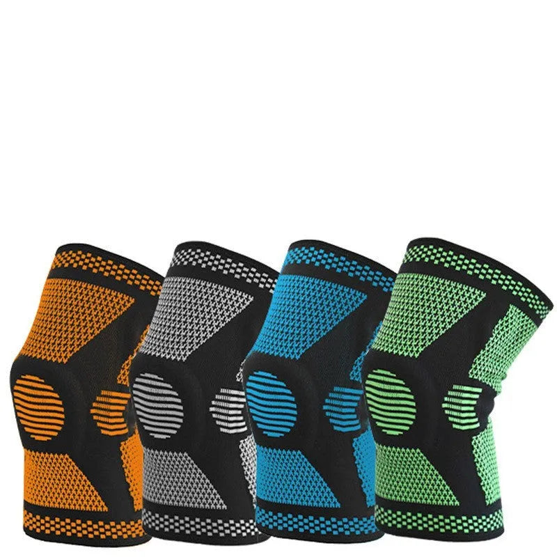 Silicone spring sports knee pads in blue, green, orange, and white colours showing polyamide construction