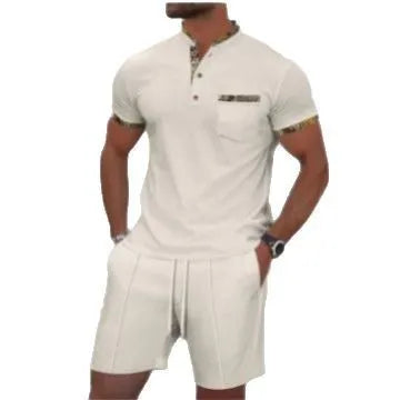 Men's grey zip-up polo collar short sleeve suit with matching shorts laid flat