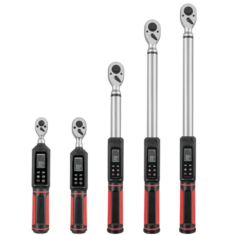 Digital display torque wrench with chrome-vanadium steel construction and triple warning indicators