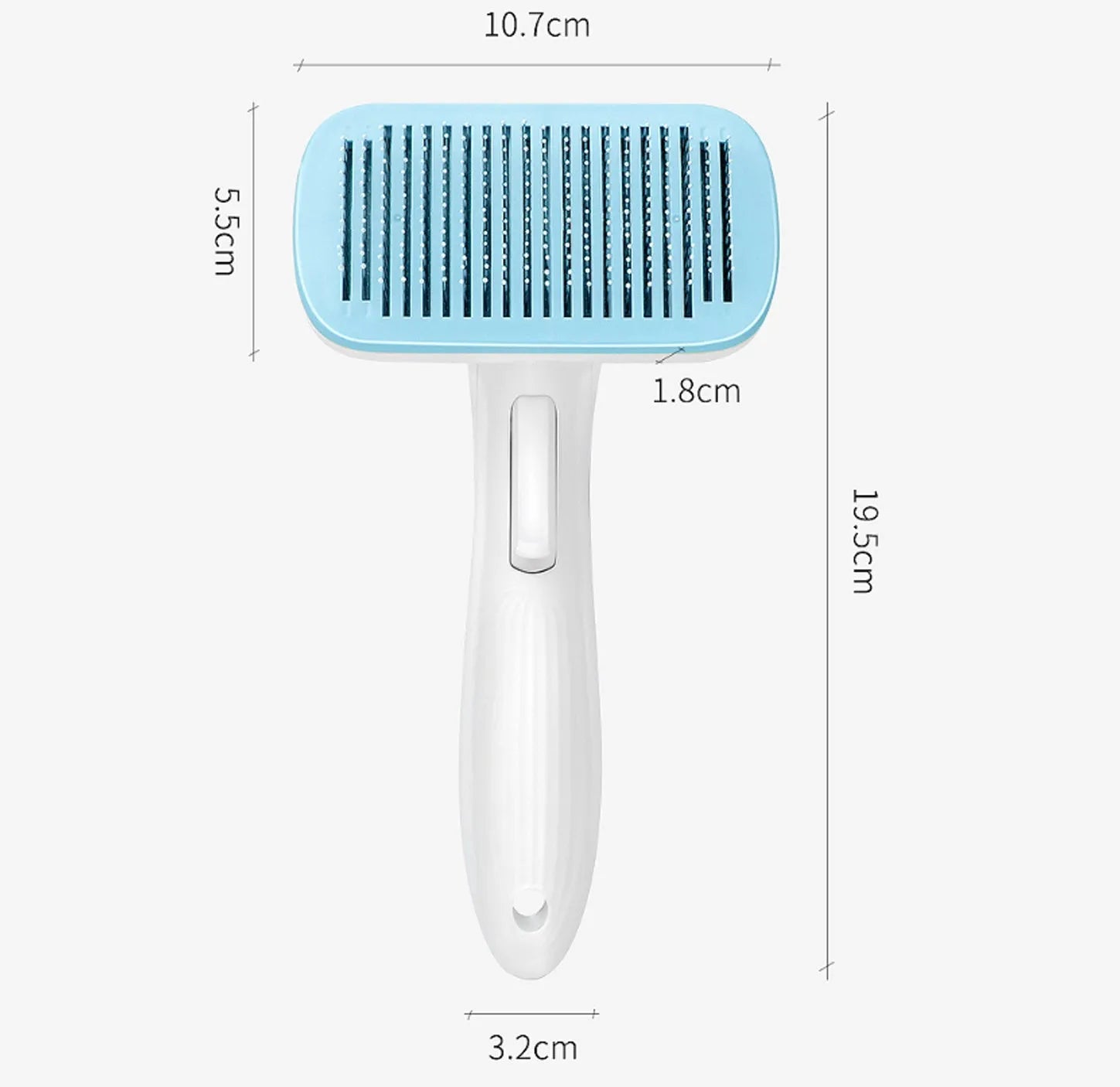 Blue automatic pet hair removal comb on a table, showing its size and one-click button.