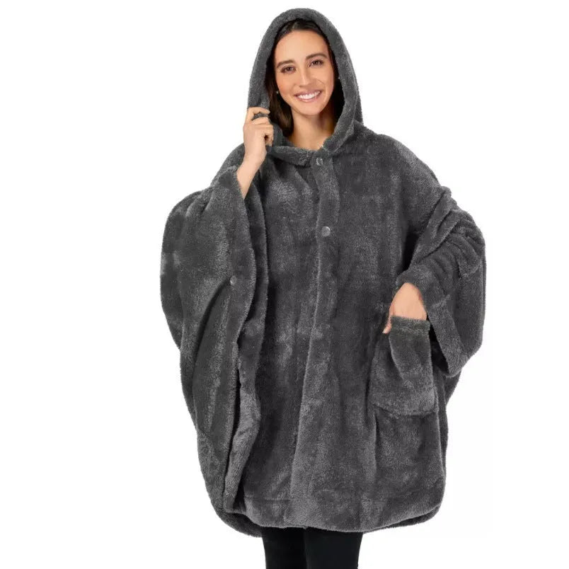 Thickened hooded bathrobe in polyester shown in black, dark grey and pink colour options