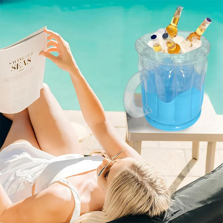 Yellow inflatable PVC ice bucket for beer and drinks at outdoor parties and camping