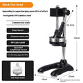 Vertical stainless steel manual juicer with interchangeable pointed, flat and double heads in multiple colours.