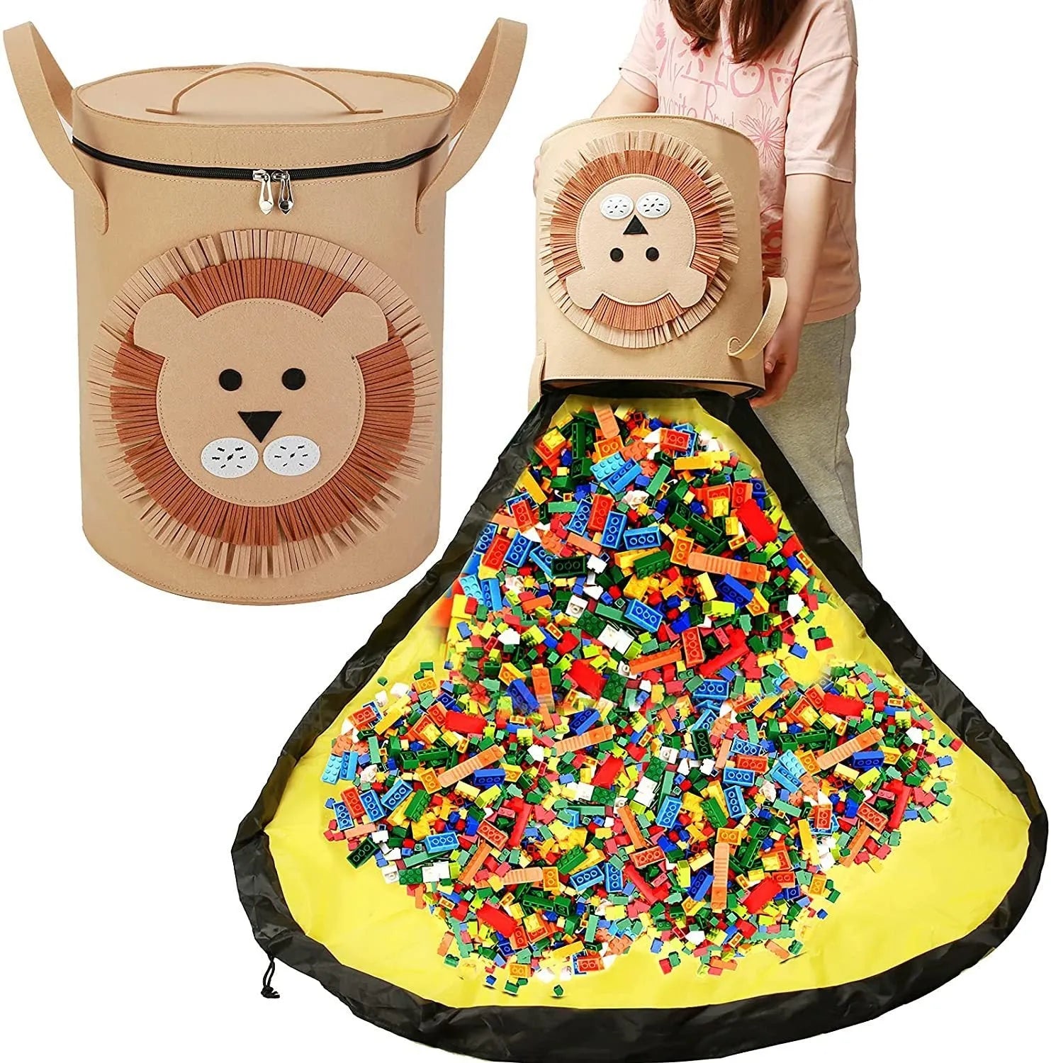 Green felt cube storage bag with a pull rope, shown unfolded as a flat play mat for toys.