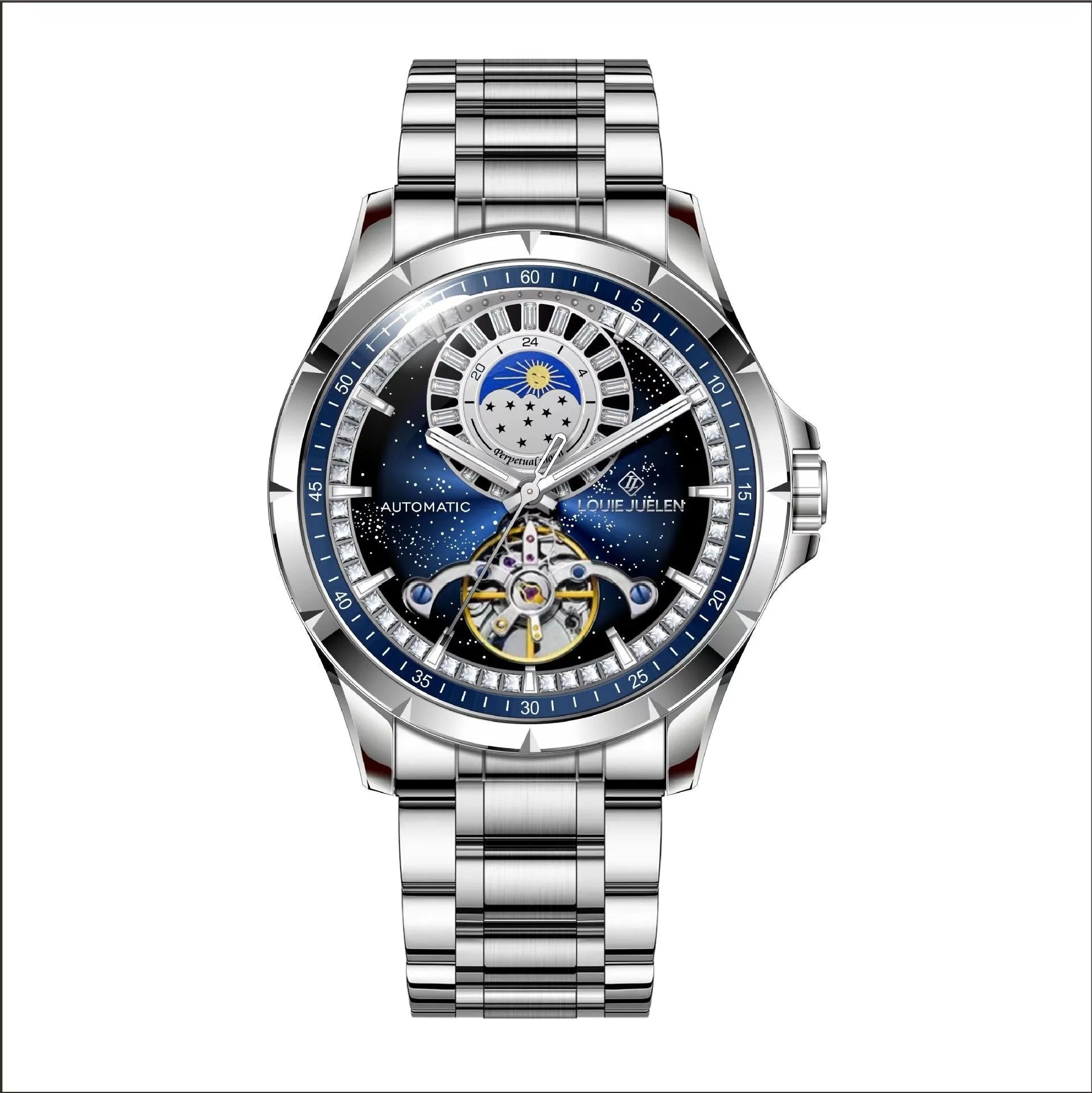Men's silver alloy automatic business watch with blue dial and stainless steel strap showing waterproof design