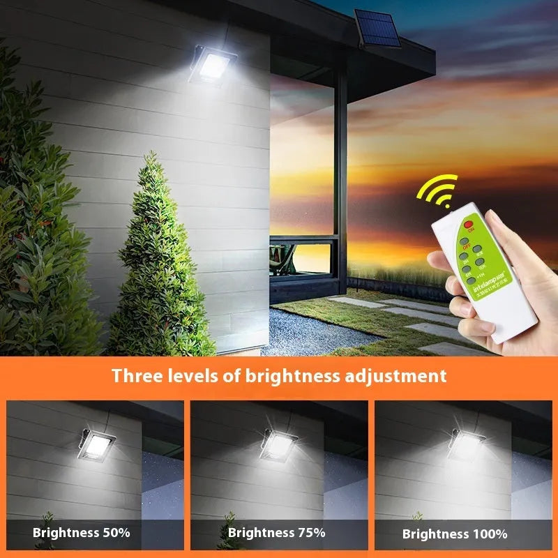Outdoor waterproof solar LED garden light with IP65 rating shown in a courtyard setting.