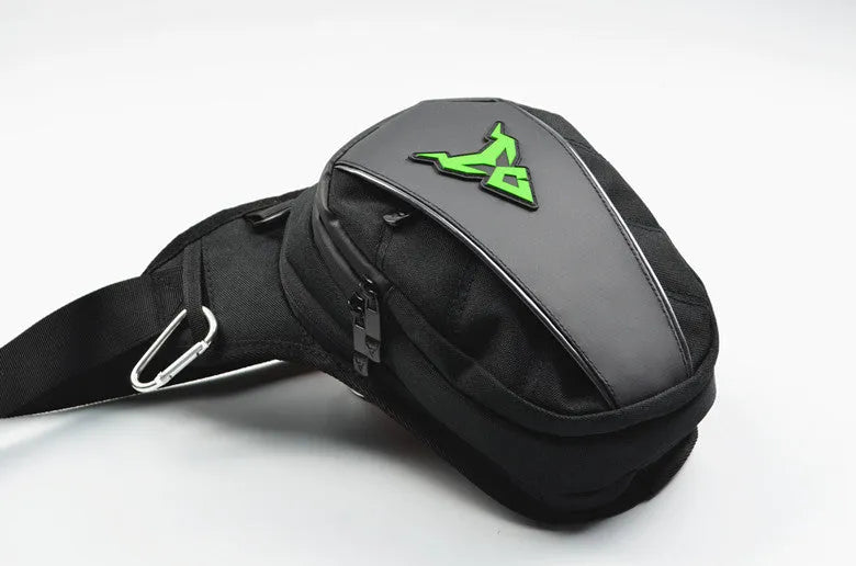 0105MC motorcycle leg bag in 1200D Oxford cloth shown in red, blue, green, and grey colour options