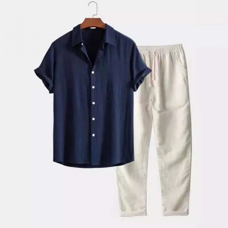 Men's casual linen-look shirt and trousers set in loose fit design with short sleeves