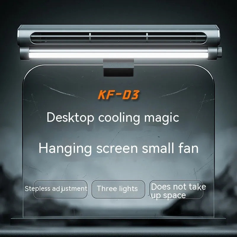 Black bladeless USB desk fan with an integrated lamp, shown clipped to the top of a laptop screen.