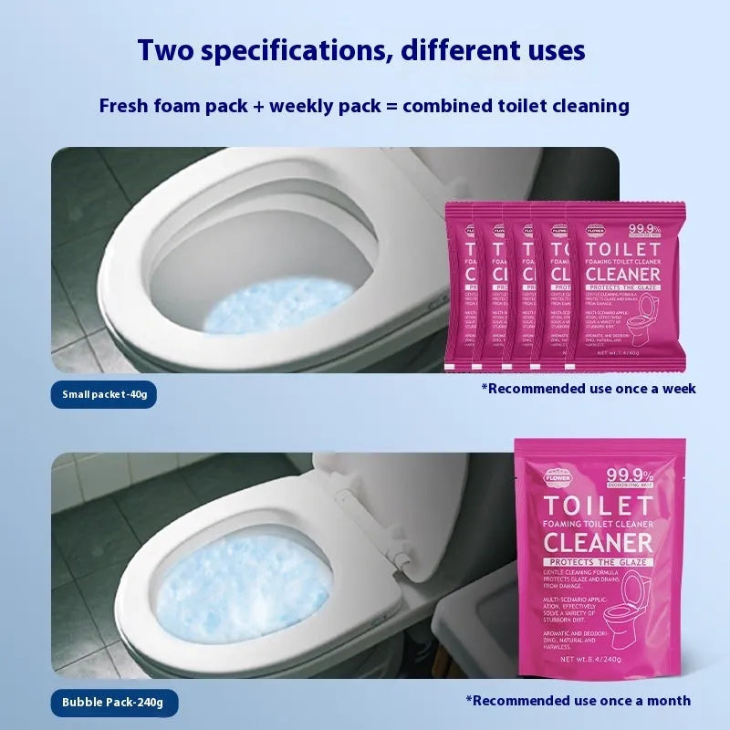 Toilet bubble powder cleaning product in blue ocean and pink floral fragrance variants