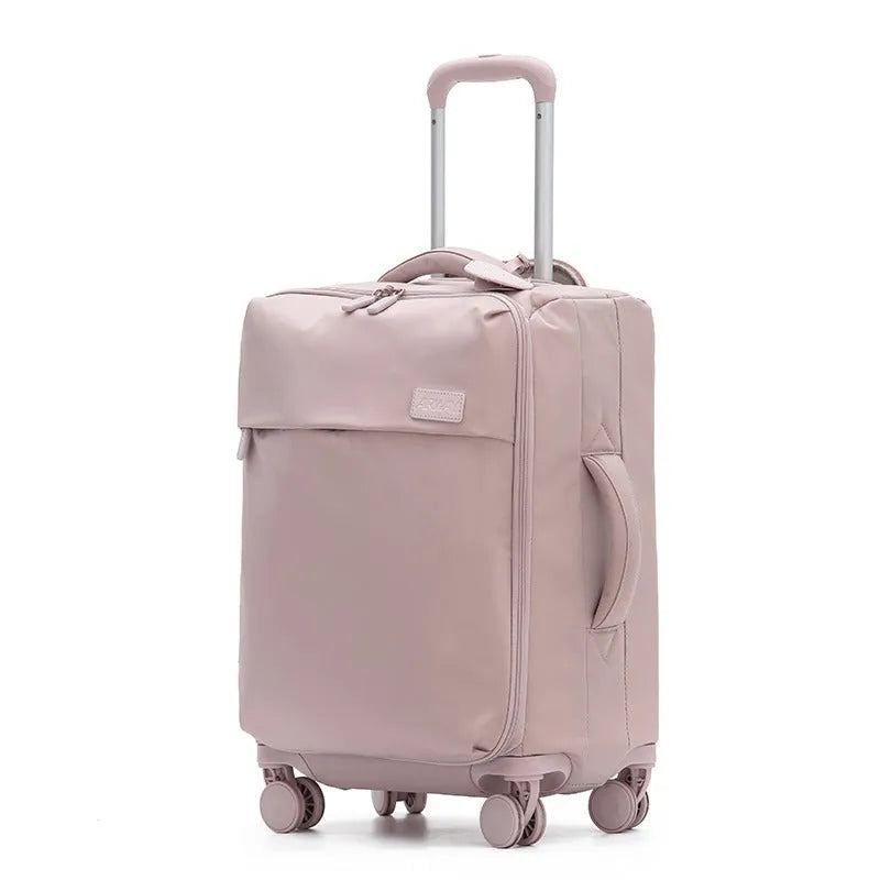Ultra-light waterproof Oxford cloth suitcase in bluestone green with universal wheels, 20-inch size shown.
