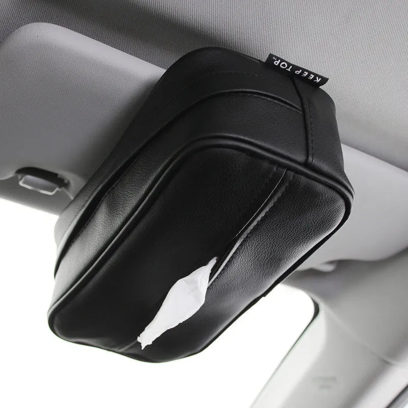 Leather car storage box with PU hanging strap in black and beige colour options