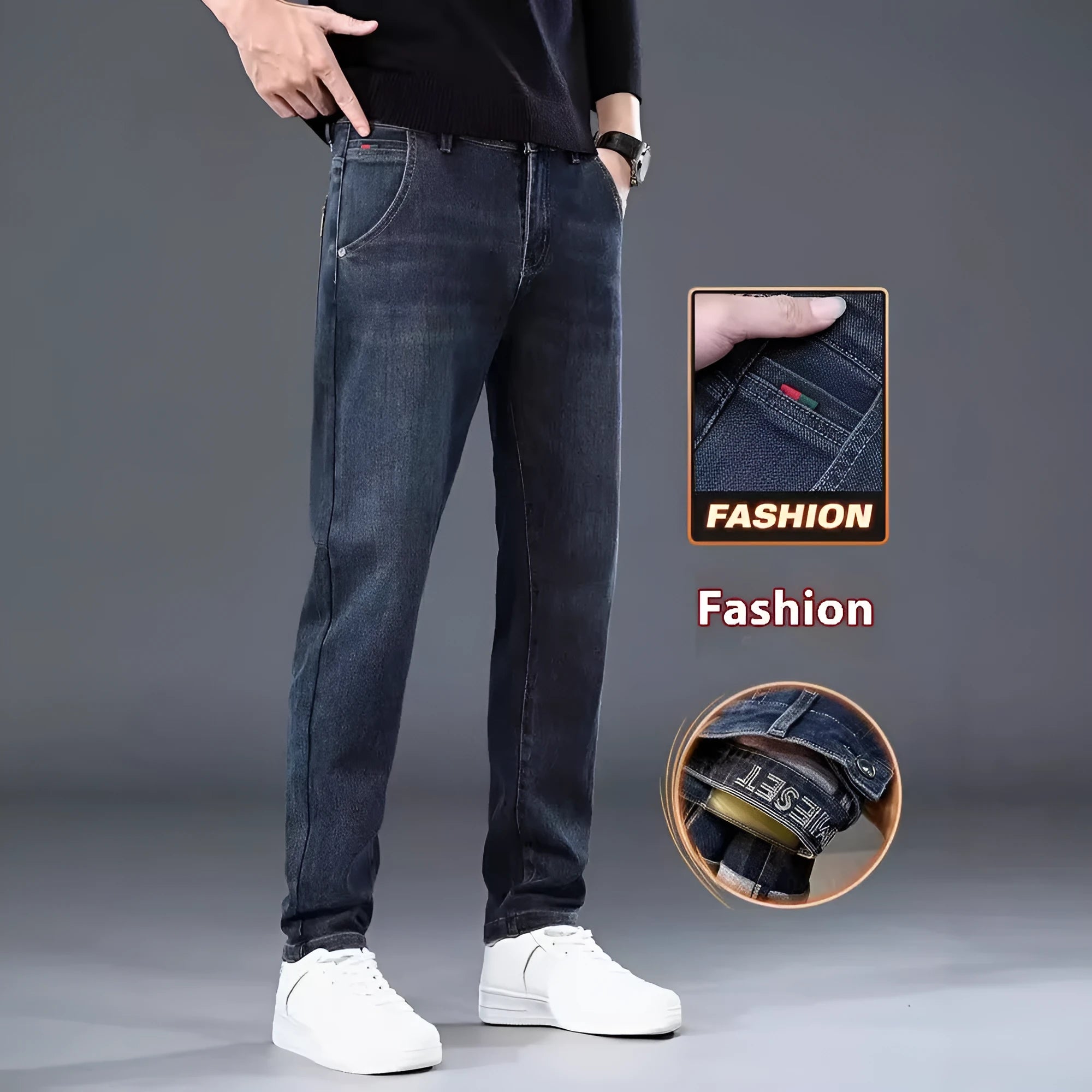 Men's slim straight casual trousers in blue-grey, showing a loose fit and zip fly detail.