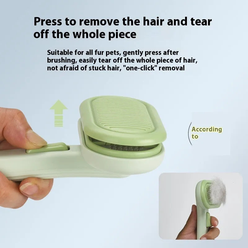 Large light grey pet hair removal comb with stainless steel teeth and a built-in shaver head.