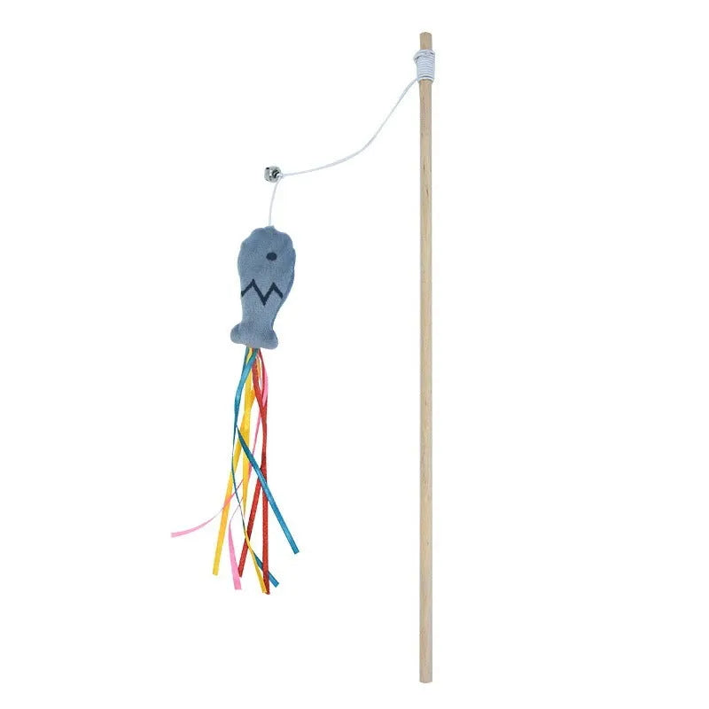 Cat wand toy with wooden handle, colourful ribbons, catnip fish and bell for interactive play with cats