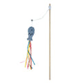 Cat wand toy with wooden handle, colourful ribbons, catnip fish and bell for interactive play with cats