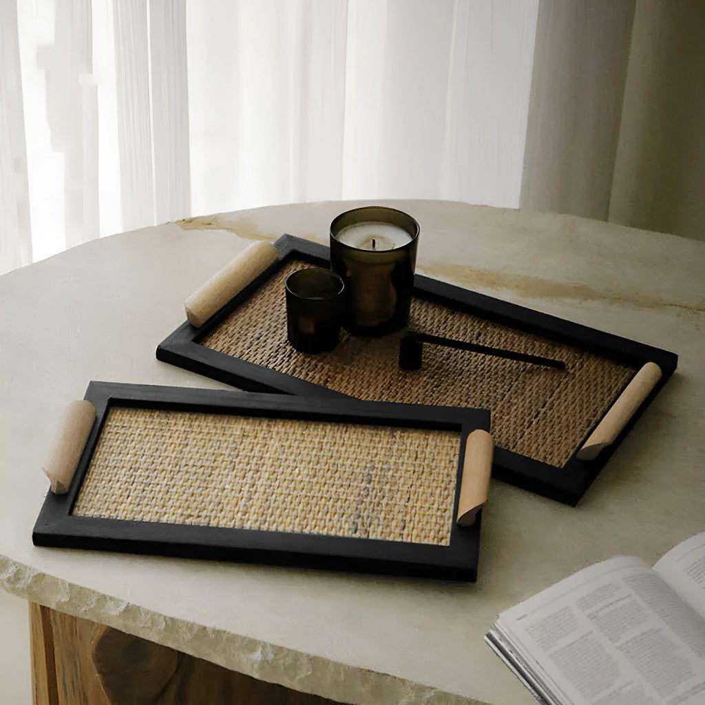 Pine wood serving tray with a separate compartment, shown in small and large size options