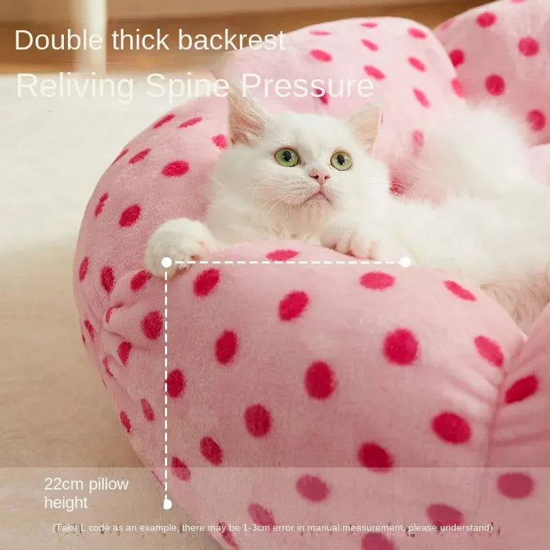 Pink cat bed cushion with dot pattern showing two size options for cats up to 20 pounds
