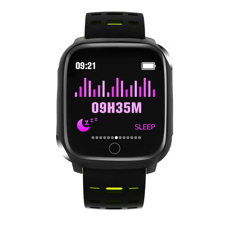 F16 smart watch with black and green silicone strap displaying health metrics on its screen.