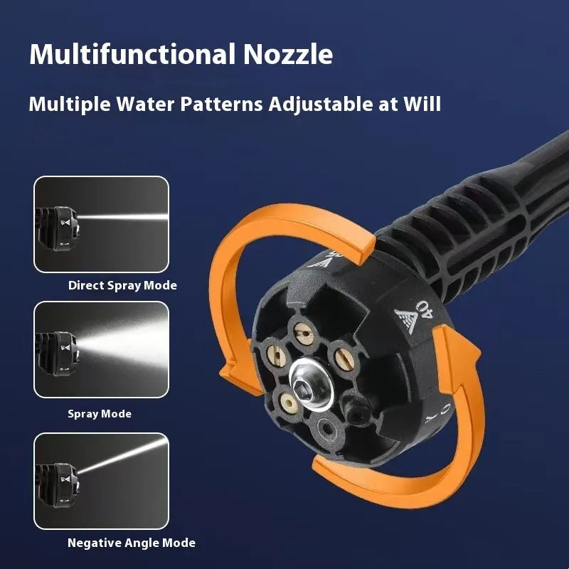 Green wireless high-pressure water gun with metal nozzle and battery pack for portable cleaning