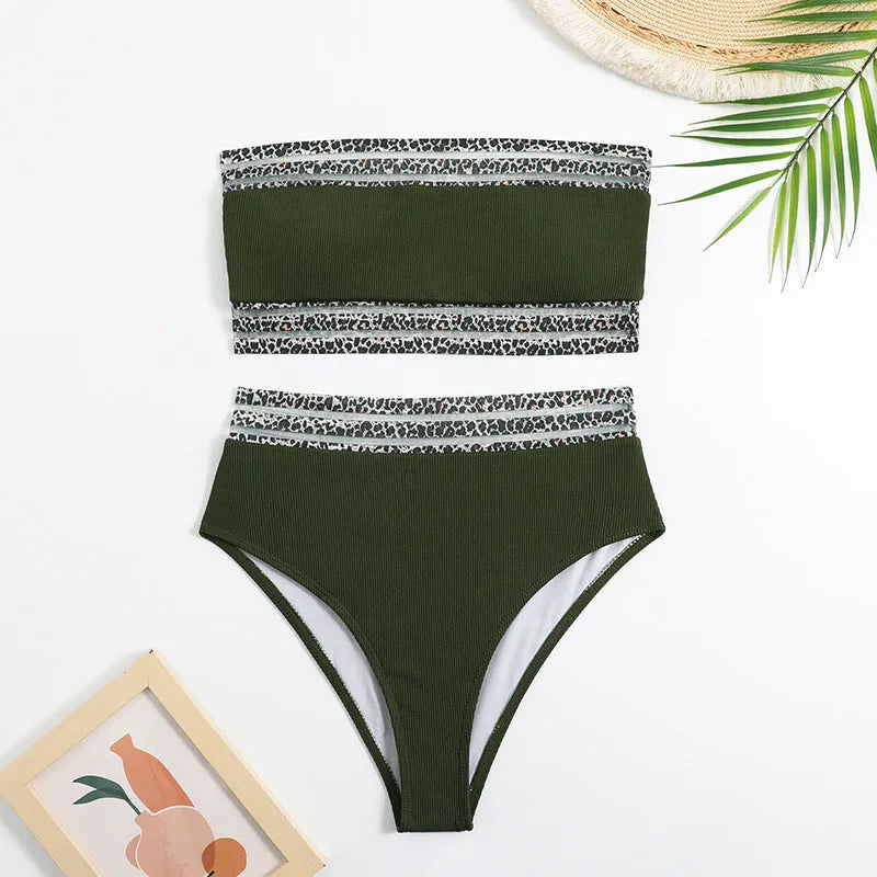 Black leopard print strapless bandeau bikini set with matching shorts