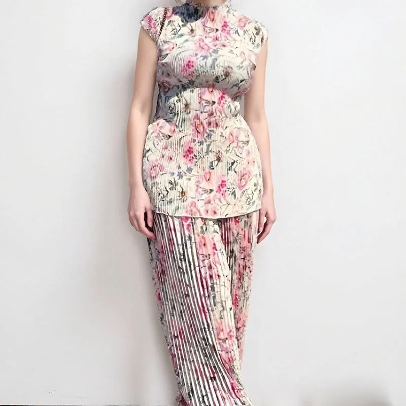 Long sleeve printed chiffon dress with high waist and matching top in a picture colour pattern.