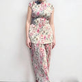 Long sleeve printed chiffon dress with high waist and matching top in a picture colour pattern.