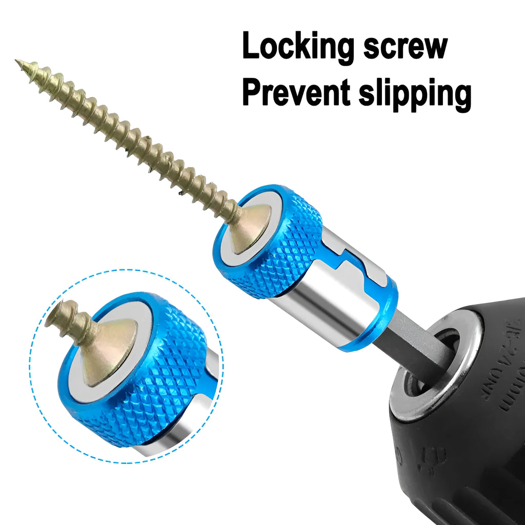 Light blue slotted screwdriver bit with a magnetic ring on a high carbon steel shaft.