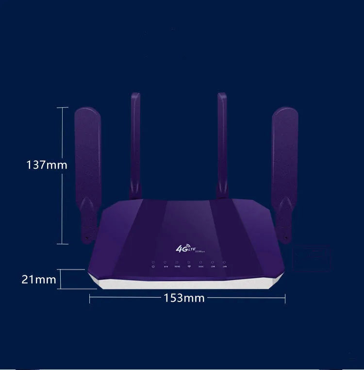 Blue dual-mode 4G and wired router with four extended antennas on a desk