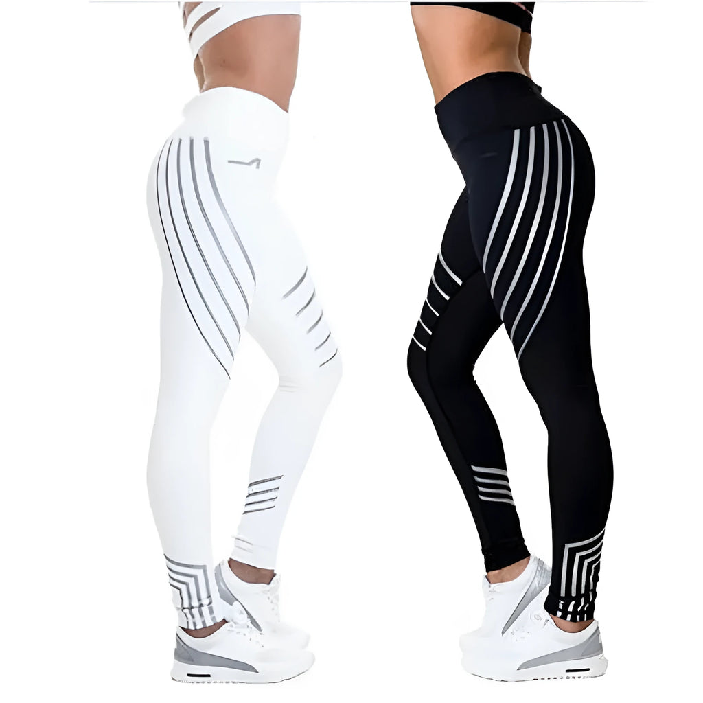 Women's reflective workout leggings with glow print in black and white colours showing slim-fit pencil pants design
