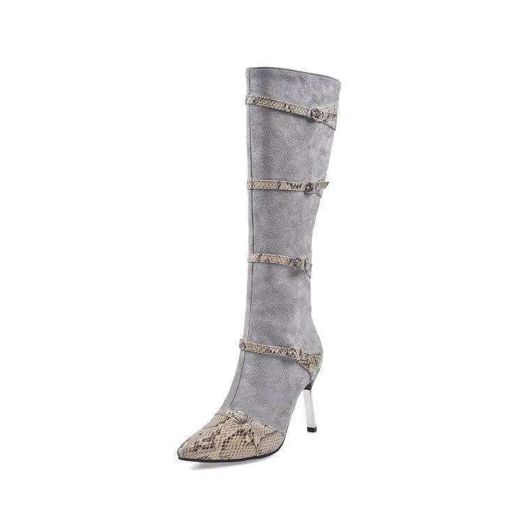 Women's black knee high heeled boots with a 9cm thin heel and velvet lining on a grey background.
