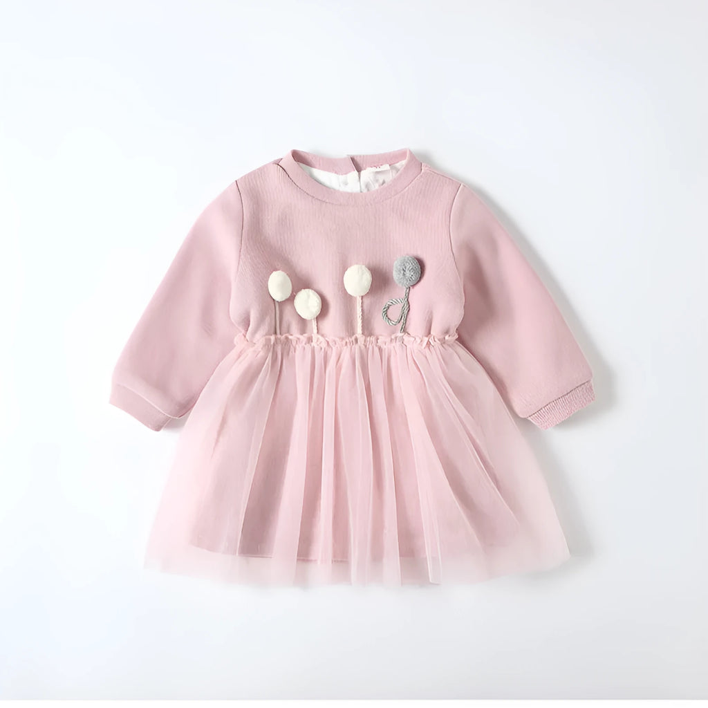 Baby girl pink plus velvet dress with long sleeves and mesh detail