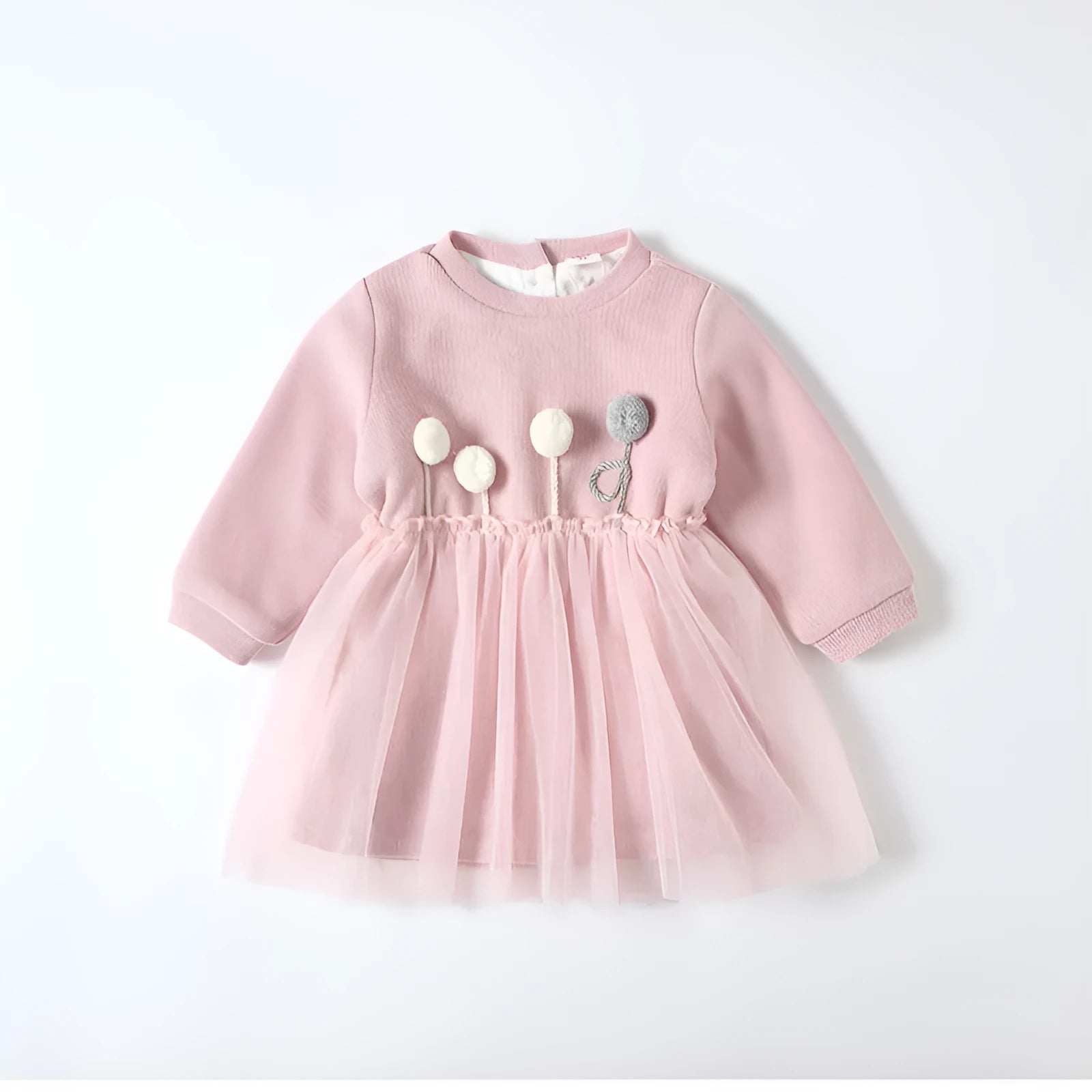 Baby girl pink plus velvet dress with long sleeves and mesh detail