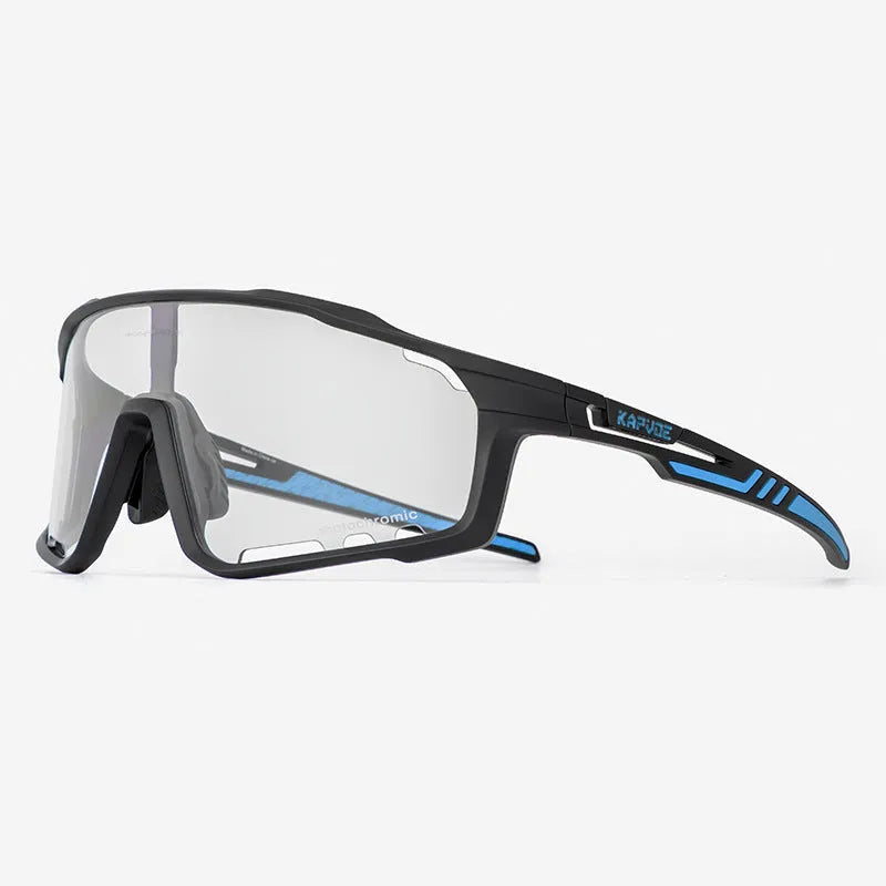 Photochromic cycling sunglasses with semi-rimless TR90 frame on a solid colour background