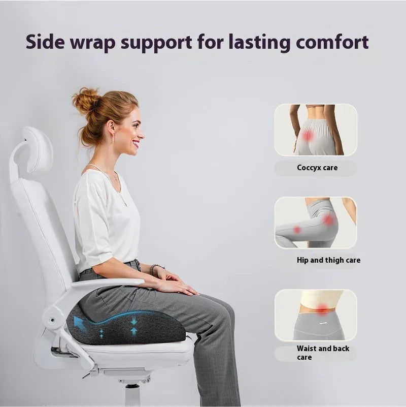 Solid colour memory foam office chair cushion measuring 46x43cm on a chair seat.
