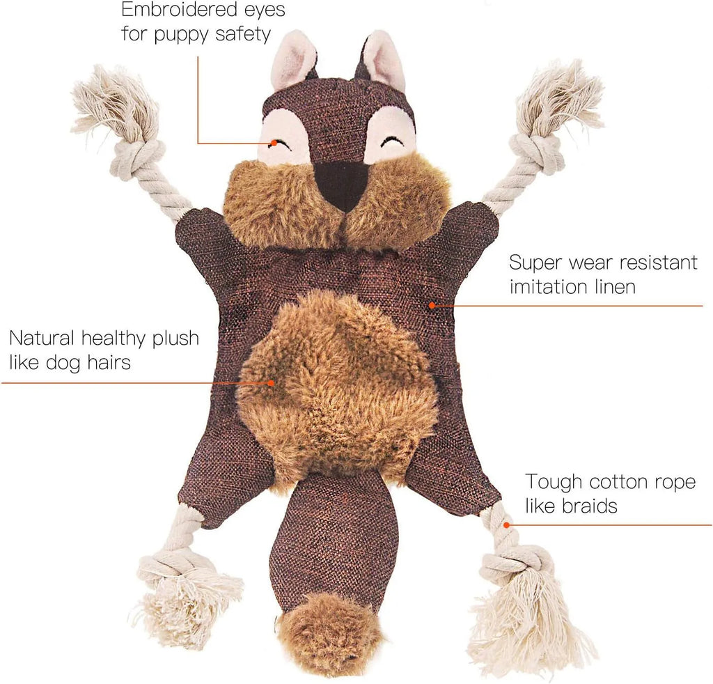 Brown plush fox dog toy with cotton rope limbs, embroidered eyes, and a squeaker.