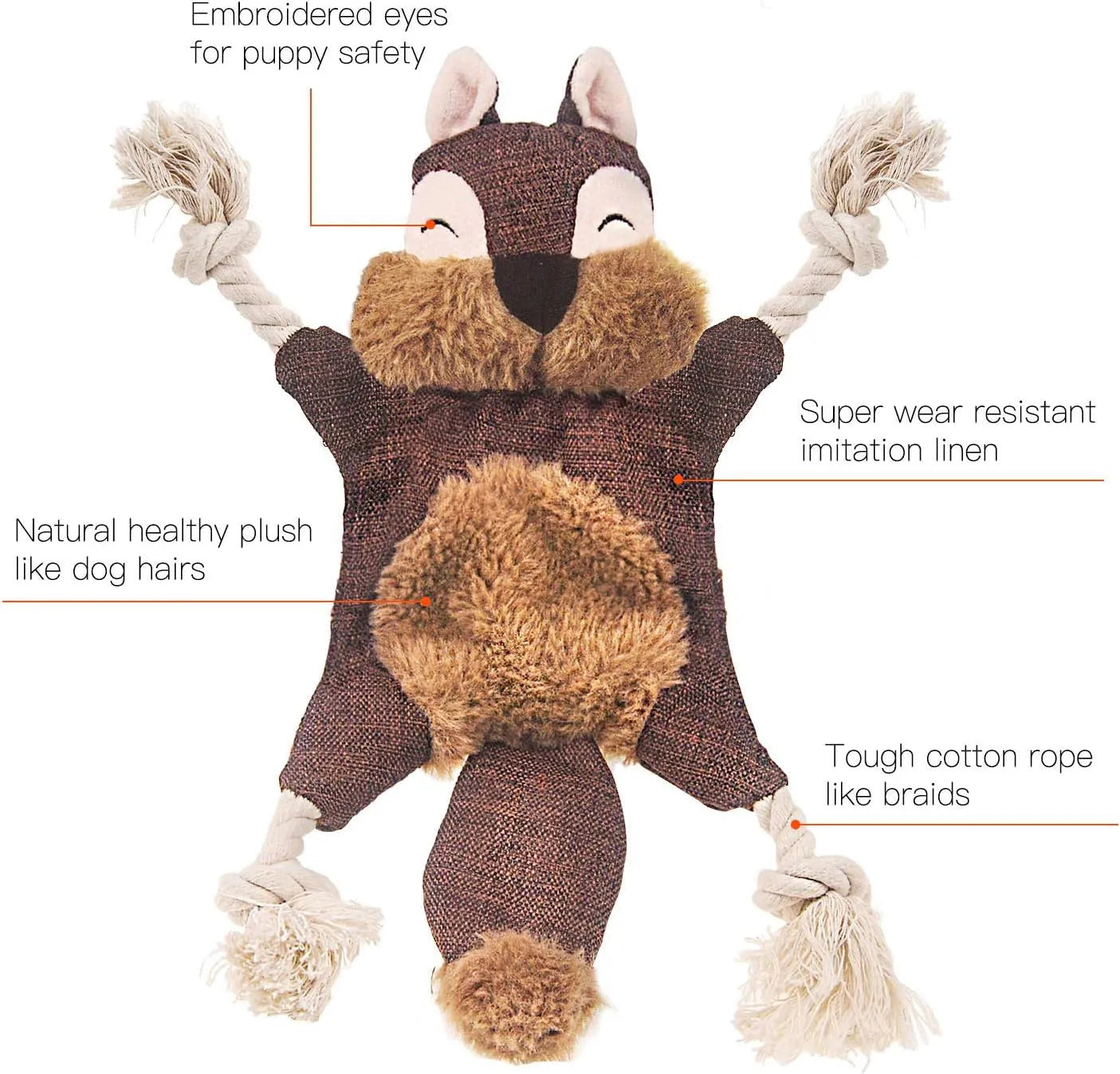 Brown plush fox dog toy with cotton rope limbs, embroidered eyes, and a squeaker.