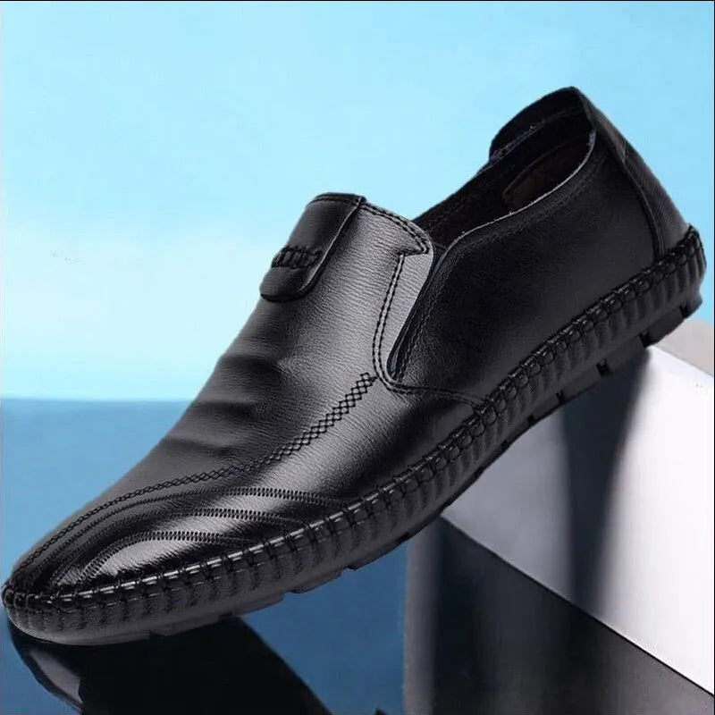 Men's black and brown PU leather shoes with flat heel for business casual wear