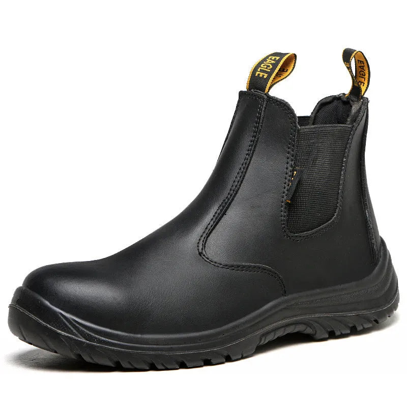 Black leather safety boots with high-top design for anti-piercing protection