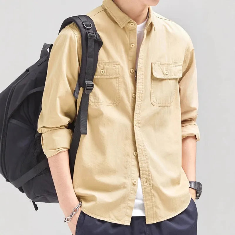 Men's loose fit long sleeve overalls shirt in cardigan style with four colour options
