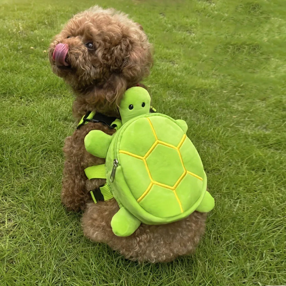Turtle-shaped dog backpack harness vest in velvet with metal zipper, measuring 20 x 18cm